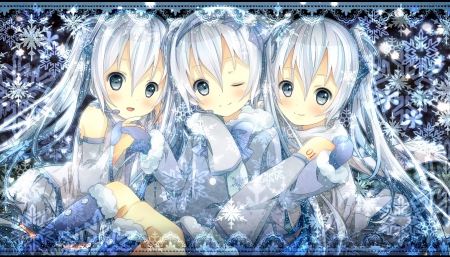 Triple'S - anime girl, shine, sparks, silver hair, hatsune miku, adorable, light, long hair, snowflakes, shining, vocaloids, glow, yuki miku, vocaloid, snow, miku yuki, sweet, nice, female, twintail, agic, miku hatsune, pretty, anime, miku, cute, twin tail, girl, twintails, winter, lovely, cg, hatsune, hd, kawaii, flakes, star, twin tails, yuki, triple