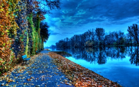 Autumn on the Lake - lake, blue, green, leaves