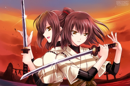 Katana's - sword, dual, katana, beautiful, anime girl, girl, double, kantai, blade, weapon, serious, emotional, samurai, pretty, beauty, sweet, brown hair, anime, yukata, sinister, hd, kantai collection, cg, warrior, long hair, nice, lovely, kimono, scene, female