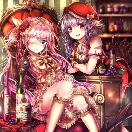 Cafe - pretty, anime, female, dres, maiden, long hair, sit, nice, sitting, gown, anime girl, eyepatch, bottle, sinsiter, beautiful, girl, beauty, lovely, sweet, chair, lady