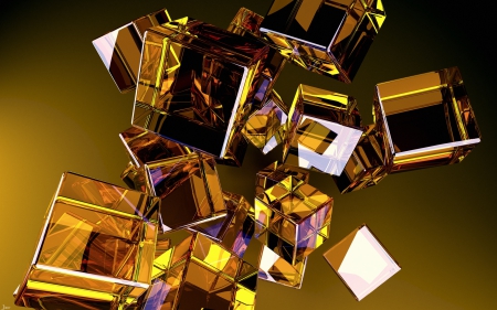 3D - abstract, cube, yellow, purple, golden, glossy