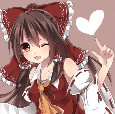 â™¡ â™¡ â™¡ - blush, cute, happy, hakurei reimu, anime girl, adorable, girl, shrine maiden, ribbon, wink, heart, simple, hakurei, touhou, kawaii, love, brown hair, anime, shy, long hair, blushing, reimu, smile, female