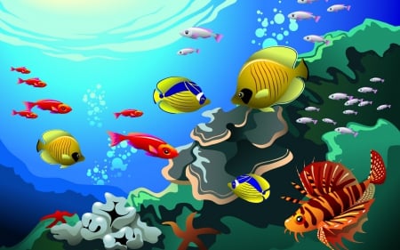 Underwater - vector, underwater, yellow, red, blue, green, fish, animal, orange, sea