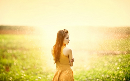 girl in field - green, field, girl, sun