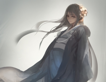 Wind - anime, female, gloomy, long hair, emotional, gloom, sad, plain, hd, sorrow, anime girl, serious, beautiful, girl, simple, beauty, kimono, yukata