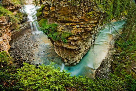 River In Canada - trees, bush, water, waterfall, nature, river, blue, green, canada, rock