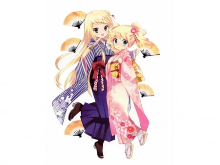 Kimono Chan's - flower, blond hair, plain, happy, blossom, blonde, anime girl, adorable, girl, oriental, white, blond, blonde hair, fun, simple, japan, pretty, kawaii, sweet, anime, yukata, long hair, nice, lovely, smile, kimono, female, japanese