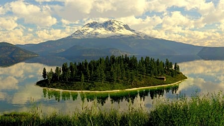 forest on a little island on a lake - reflections, lake, mountain, forest, clouds, island