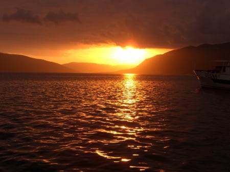 Above the sky - sky, lake, mountain, clouds, island, sunset, wave, earth