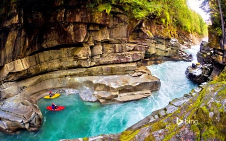 Splendor Waterfall - people, photography, paradise, kayak, water, waterfalls, mountains, forestside, rocks, nature, river, canada, splendor