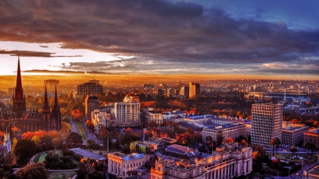 view of melbourne australia at sunset - cathedral, clouds, sunset, view, city