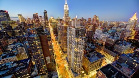 view of midtown manhattan at dusk - view, streets, lights, skyscrapers, dusk, city