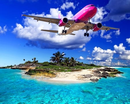 Tropical island - nature, tropical, pink plane, island, ocean