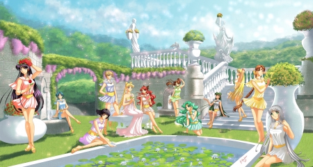 Princess Garden - anime girl, sailor scouts, sailor senshi, garden, pond, lady, divine, floral, beautiful, sweet, dress, happy, nice, beauty, sky, female, wonderful, angelic, gorgeous, anime, short hair, team, scene, maiden, girl, statue, magical girl, gown, lovely, sailor moon, pertty, hd, sublime, blossom, scenery, sailormoon, group, flower