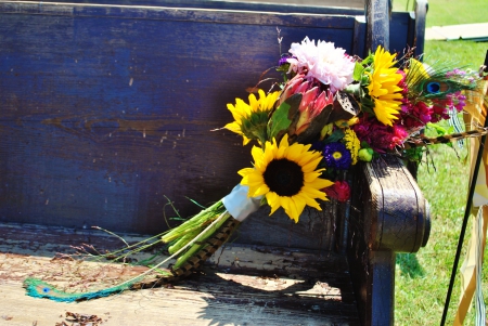 Summer♥SunShine - bench, sunflowers, bouquet, summer