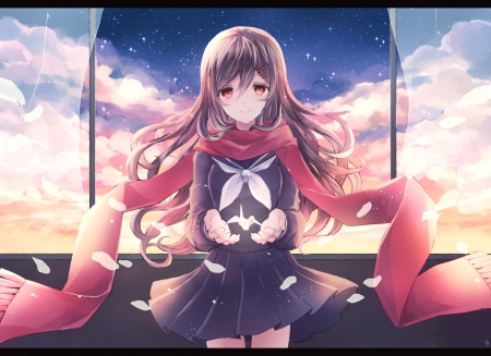 Paper Crane - flowing, beautiful, anime girl, girl, ribbon, crane, cloud, flow, pretty, beauty, sweet, origami, scarf, brown hair, anime, long hair, petals, nice, lovely, scene, female, blowong