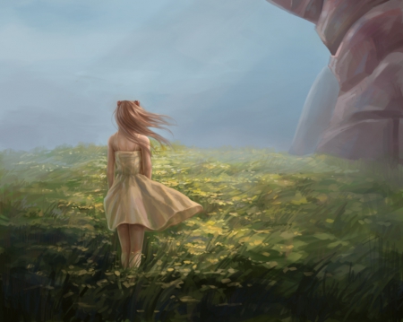 Lonely World - lone, sundress, anime girl, field, orange hair, petals, genesis, loneliness, blow, long hair, stand, neon, evangelion, flowing, lonely, floral, beautiful, asuka, sweet, dress, realistic, nice, back, beauty, standing, pretty, neon genesis evangelion, anime, blouse, scene, flow, asuka langley soryu, eva, lovely, alone, blowing, scenery, blossom, flower