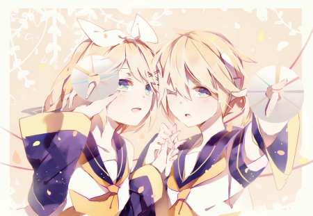 ~Len & Rin~ - anime, vocaloid, blonde, kagamine len, wink, cds, kagamine rin, twins, friends, bow