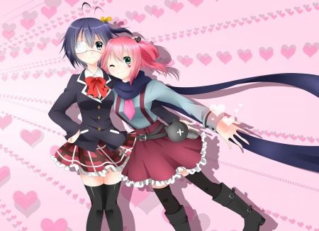 ~Rikka & Satone~ - eyepatch, takanashi rikka, boots, wink, shichimiya satone, chuunibyou demo koi ga shitai, friends, pink hair, hearts