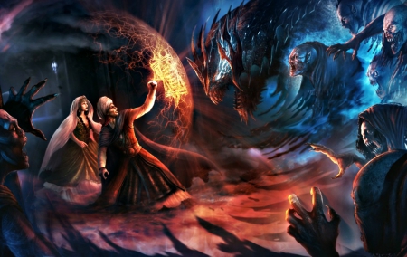 Fighting with demons - yellow, blue, demons, girl, magical, orange, man, fantasy, red, woman, fight, couple