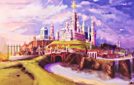 Castle - purple, art, yellow, pink, castle, water, tower, fantasy