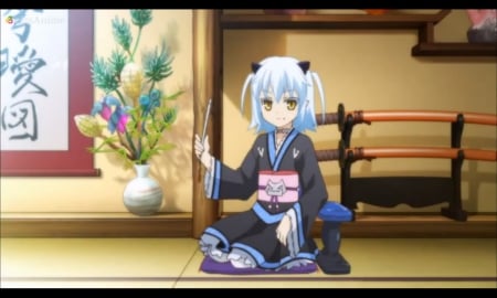 Neko Chan - sitting, neko mimi, anime girl, japanese, nekomimi, katana, kimono, oriental, adorable, shiroyasha, floral, beautiful, yukata, sweet, nice, beauty, female, traditional, blade, mondaiji, home, japan, pretty, anime, sword, house, cute, short hair, sit, neko, girl, lovely, vase, blue hair, kawaii, weapon, blossom, flower