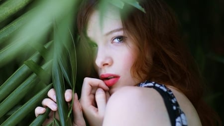 beautiful girl - girl, redlips, plant, green