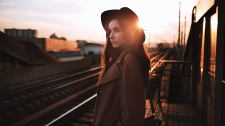 waiting for train - train, waiting, girl, hat