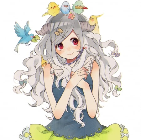 Maiden - nice, beauty, female, simple, anime girl, red eyes, pretty, petals, anime, silver hair, maiden, lady, adorable, long haor, girl, shy, blushing, lovely, bird, hd, kawaii, plain, beautiful, blossom, blush, sweet, flower, white hair