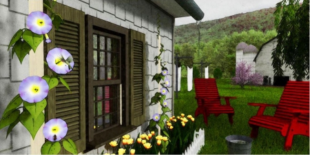 House with Garden - flowers, nature, digital, barn, artwork, chairs