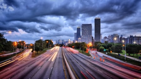 lights on highway entering chicago hdr - long exposure, clouds, highway, lights, hdr, dusk, skyscraper, city