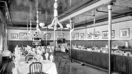 vintage restaurant in grayscale - restaurant, vintage, tables, chabdeliers, grayscale