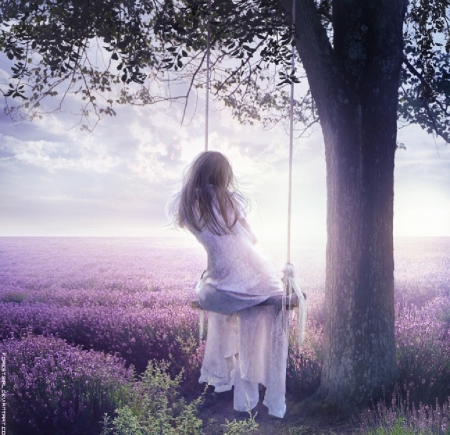 Romantic Dream - swing, nature, lavender, romantic, girl, flower field, dream