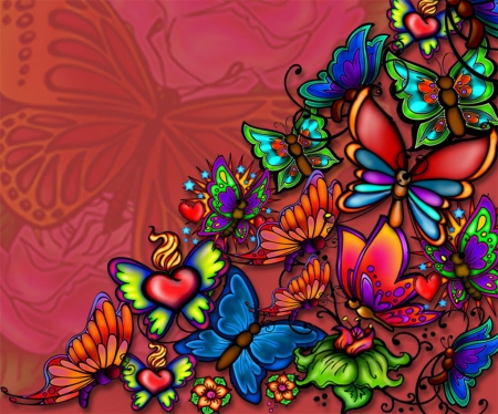 Butterfly Cascade - abstract, yellow, blue, brown, black, colorful, purple, red, green, bright, butterfly, art, hearts