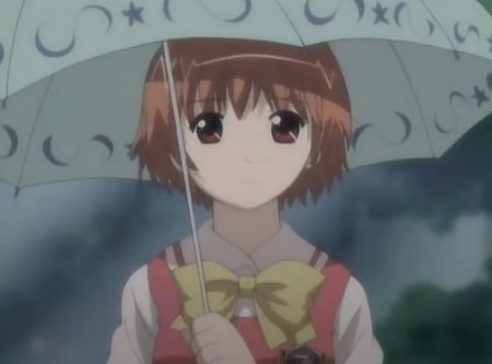 Hazumu Osaragi - beauty, nice, female, anime girl, brown hair, kashimashi, pretty, umbrella, anime, ribbon, cute, short hair, maiden, lady, adorable, girl, lovely, kawaii, beautiful, sweet