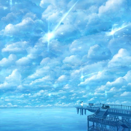 Full Empty Sky - pretty, anime, magic, female, scenery, blue, windy, scene, dress, jetty, light, magical, shinig, port, nice, sky, flow, beautiful, girl, scenic, beauty, lovely, sweet, glow, cloud, blowing, blow, shine