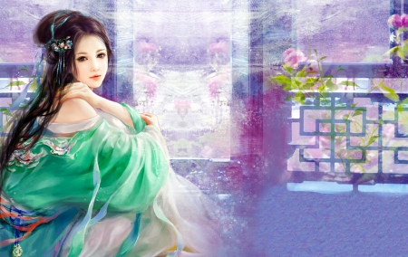 Asian Beauty - woman, girl, wallpaper, asian, fantasy, cg, art, geisha, beautiful, blue, digital