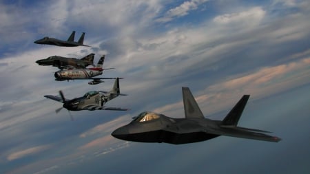 flight of fighter planes from WWII to future - flight, plaes, fighters, clouds