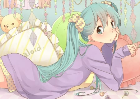 Hatsune Miku - anime girl, laying, hatsune miku, pillow, lady, lying, adorable, long hair, lay, divine, vocaloids, vocaloid, beautiful, sweet, dress, nice, beauty, female, twintail, wonderful, miku hatsune, angelic, gorgeous, pretty, anime, miku, amour, blouse, twin tail, maiden, girl, twintails, lovely, candy, hatsune, twin tails, sublime, awesome, green hair, spendid, lollipop, adore