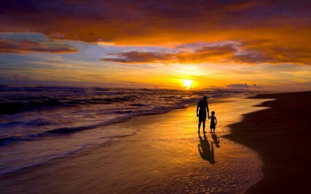 Happy Father's Day! - beach, couple, day, summer, sunset, child, father, orange, june, sea