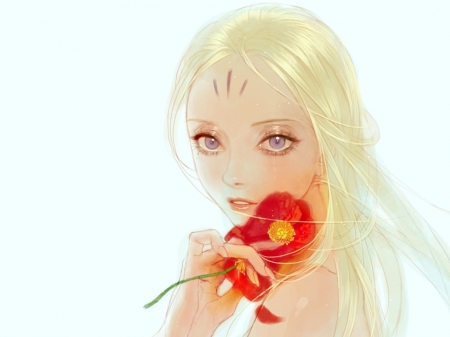 Red Flower - realistic, beauty, female, hot, blond, simple, blond hair, blonde hair, maiden, lady, sexy, girl, long hair, cg, hd, floral, plain, beautiful, flower, blonde