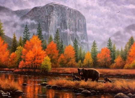 âœ«Misty Yosemite in Fallâœ« - bears, autumn, trees, animals, colorful, mountains, creative pre-made, lakes, family, paintings, attractions in dreams, wildlife, forests, lovely, nature, love four seasons, beautiful, seasons, scenery, colors, fall season