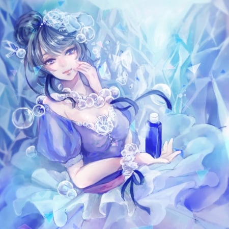 Water Perfume - pretty, anime, female, blue, dress, long hair, blue hair, nice, gown, anime girl, bottle, water, perfume, beautiful, girl, beauty, lovely, sweet, underwater, bubbles