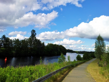 sunny day for a walk - water, blue, sky, cloudes