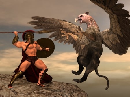 Spartan warrior - warrior, griffin, hero, spartan, hunk, fight, male, greif