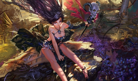 Dark beauty - pretty, anime, magic, female, landscape, dress, magical, long hair, diabolic, horns, skull, flowers, monster, diabloic, nice, anime girl, beautiful, beauty, cool, sweet, red eyes, vampire, fantasy, awesome, lights, black hair, cute, sexy, demon, dark beauty