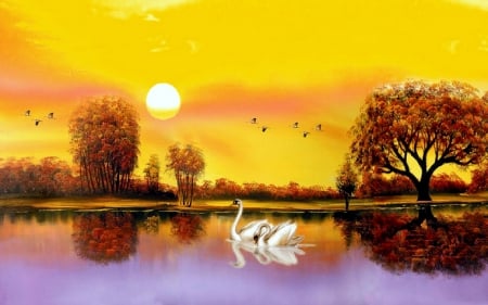 --Swan Lake is Happy-- - pretty, reflections, yellow, summer, attractions in dreams, scenery, creative pre-made, drawings, swans, seasons, most downloaded, draw and paint, beautiful, paintings, digital art, colors, lovely, happiness, nature, bright, lakes, love four seasons, animals