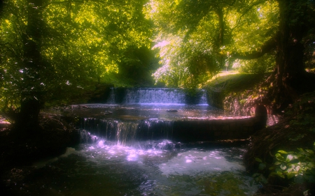 Forest Waterfall - forest, trees, waterfall, misty