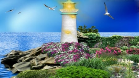 ~*` Summer :) ~*~ - ocean, lighthouse, landscape, summer, blue sea, flowers