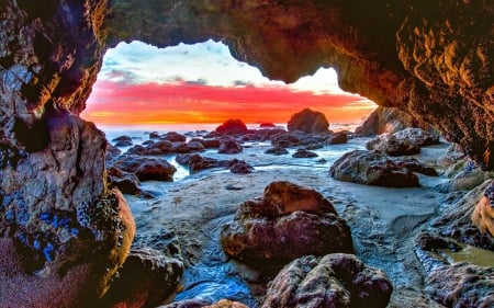 Sea Cave on Malibu Beach, California - usa, beach, sea cave, malibu, sunset